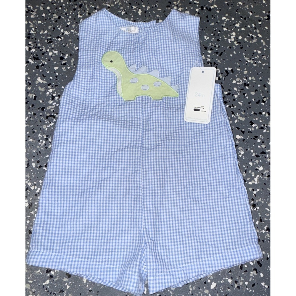 NWT Petit Ami Baby Boy Blue Gingham Dinosaur Romper Size 24M Applique Style 3633